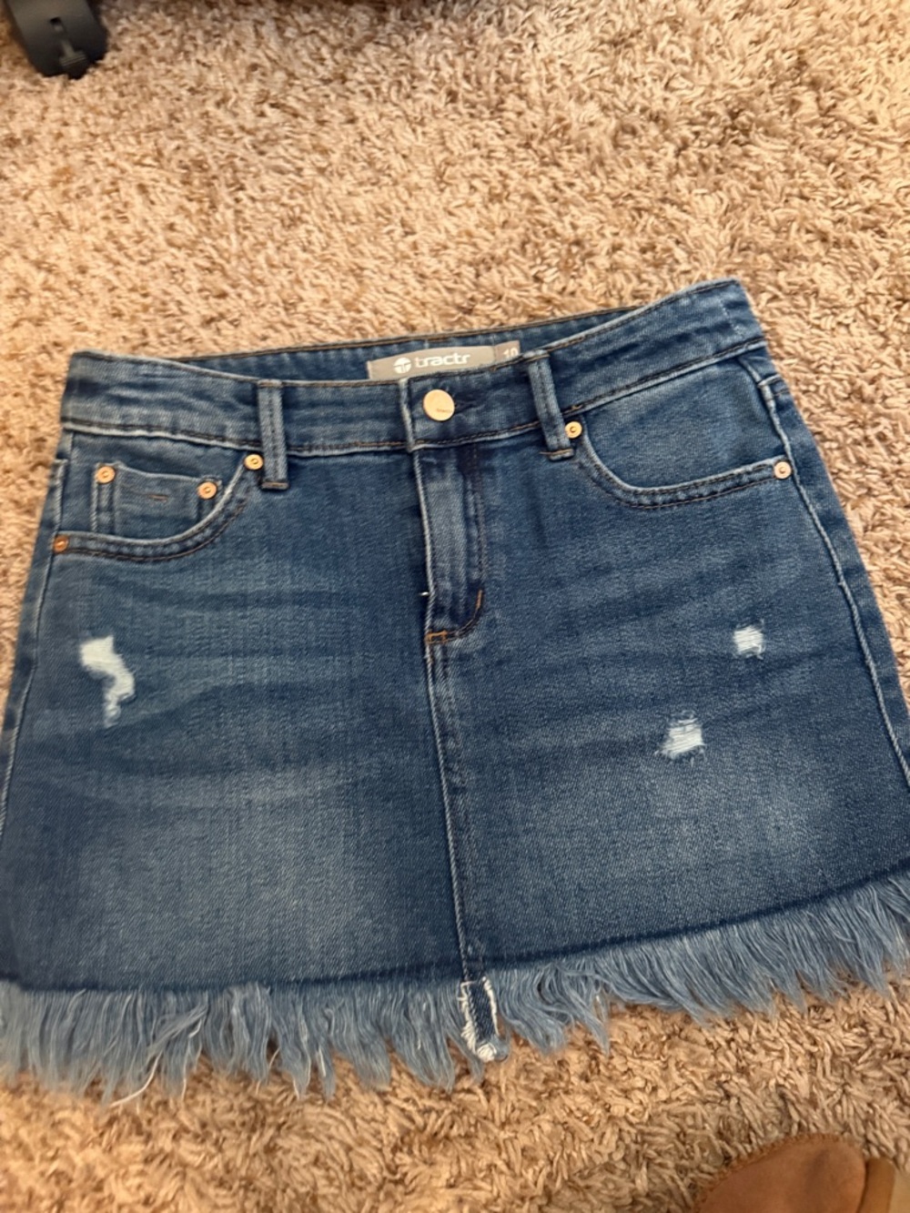 Tractr Medium Blue Distressed Denim Fringe Hem Mini Skirt